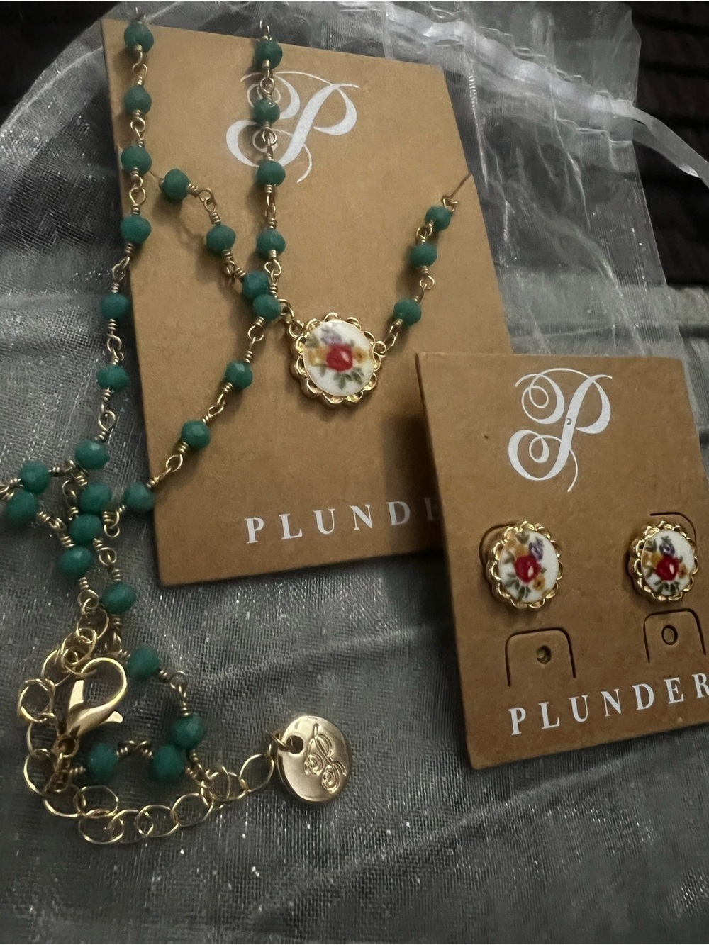 Plunder Teal Beaded Necklace and Gold Floral Pendant with Matching Earrings